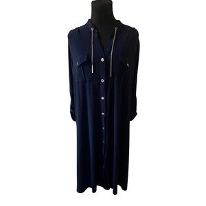 Roz & Ali blue and silver button up dress chain drawstring collar size 14